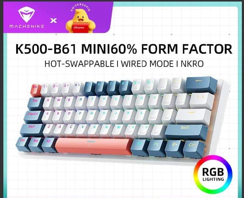 Teclado Mecânico Machenike K500-B61, RGB, PBT, Switch Huano Hot Swap