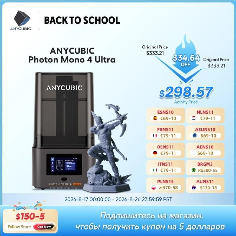 Impressora 3D ANYCUBIC Photon Mono 4 Ultra LCD de 7" com resina UV de alta precisão 10K, volume de impressão de 2,2L e dimensões de 236mm*231mm*430mm.