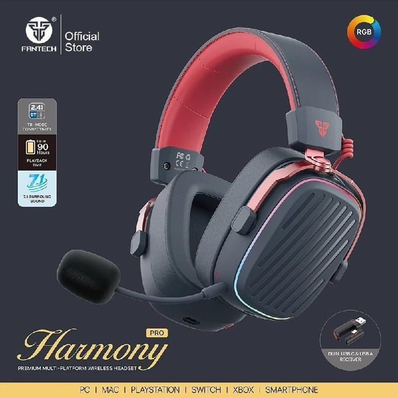 Headset Gamer Fantech Harmony PRO Tri-Mode Wireless sem Fio 2.4G RGB
