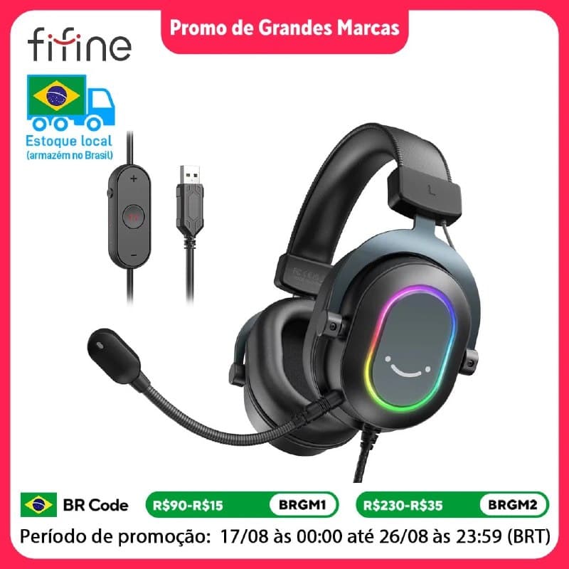 Fifine H6 Headset Gamer Fone de ouvido para jogos RGB dinâmico Fifine com microfone Fones de ouvido sobre a orelha 7.1 Sonido surround PC PS4 PS5 3 opções EQ Jogo Filme Música - H