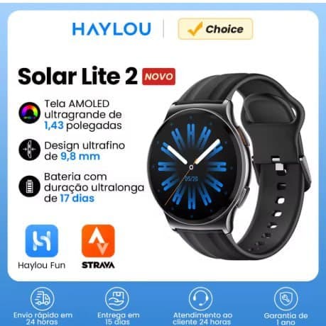 HAYLOU Solar Lite 2 Smartwatch 1.43 ''AMOLED Display 24h Monitoramento de Saúde Mais de 150 Modos Esportivos Chamadas de Voz Relógio Inteligente 1ATM