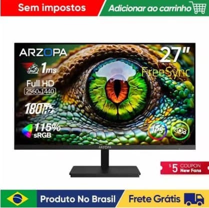 Novo Monitor ARZOPA de 27 Polegadas, Monitor de Jogos 180Hz QHD 2K para PC, 2560*1440, Fast IPS, com Type-C, Modo Samsung DeX, FreeS