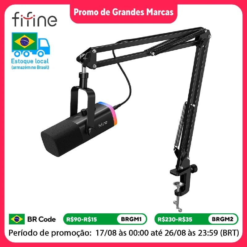Parcelado) Fifine Kit Braço + Microfone USB RGB Fifine AM8T AM8 com Suporte Articulado