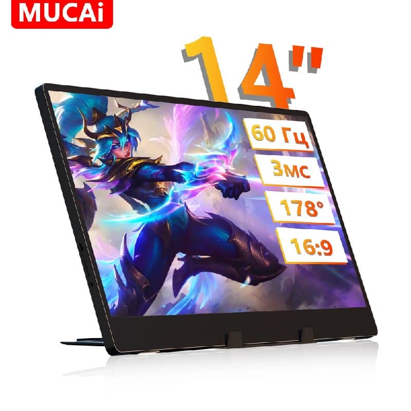 Monitor portátil MUCAI N140-S36 de 14 polegadas, 1366x768, 178°/60Hz, alto-falantes integrados, 2 portas Type-C, Mini HDMI, para laptop/PS5/celular.