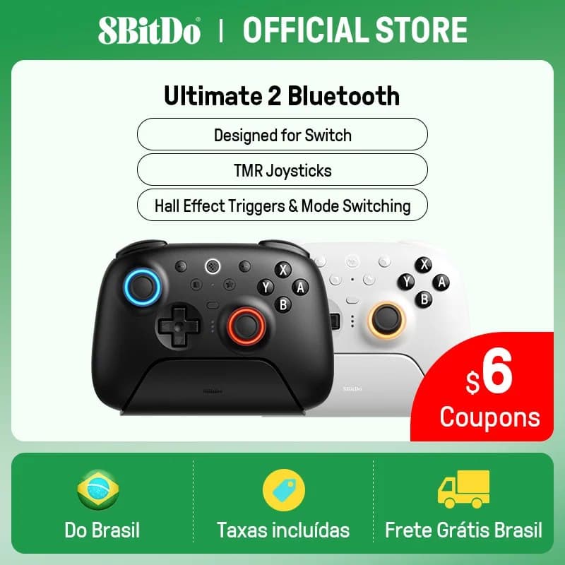 Controle Bluetooth para jogos 8BitDo Ultimate 2 para Switch 2, 1 e PC com Windows, com analógicos TMR, gatilhos comutáveis e controle de movimento