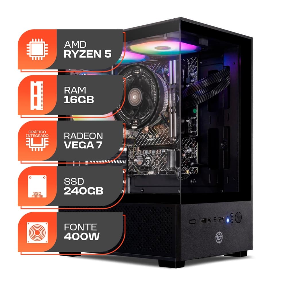 PC Ryzen 5 5600GT, 16GB DDR4, SSD 240GB, fonte 400W 80 Plus Bronze