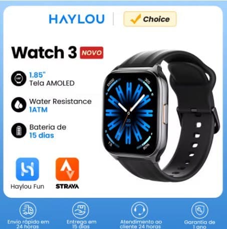 Relógio HAYLOU 3 com Chamadas de Voz, Smartwatch com Tela AMOLED de 1.85'', Monitoramento de Saúde 24h, 150+ Modos de Esporte, Relógio Inteligente à Prova d'Água 1ATM