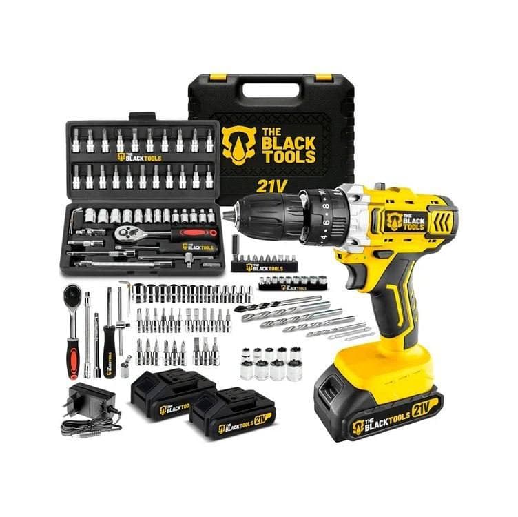 Furadeira Parafusadeira De Impacto 2 Baterias 21v + 46 Peças Amarelo 110v/220v 60hz