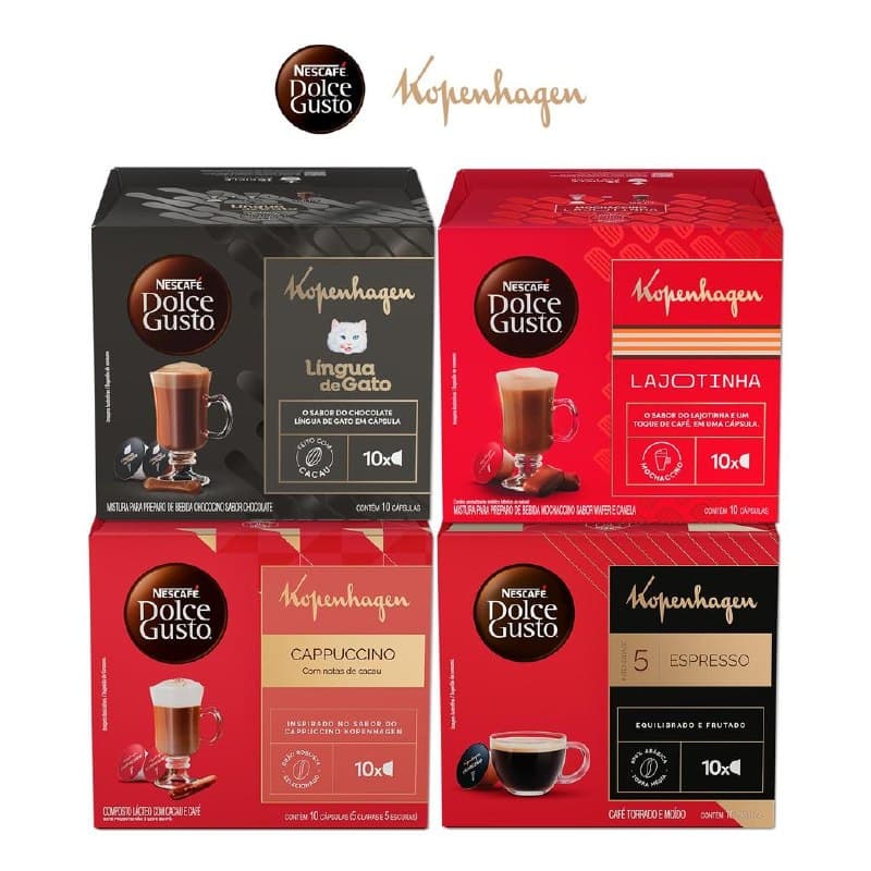 Kit Dolce Gusto + Kopenhagen 40 cápsulas Língua de Gato, Lajotinha, Cappuccino e Espresso