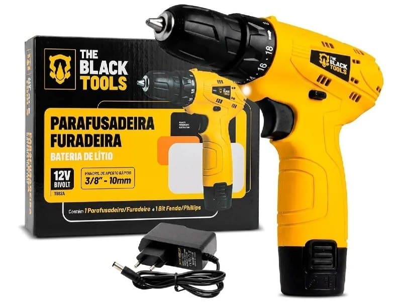 Parafusadeira Furadeira The Black Tools TB12A 3/8 a Bateria Cor Amarelo Frequência 60Hz