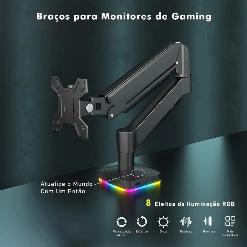 Suporte Articulado para monitor com RGB, 2 entradas USB-A, 1 entrada USB-C