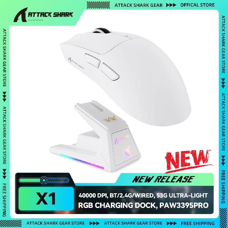 Mouse Gamer Attack Shark x1 Com Dock de Carregamento Touch Screen Trimode, PAW3395PRO, 40000 DPI, 53g ultraleve, BT/2.4G/com fio, paw 3395PRO 3395 Pro