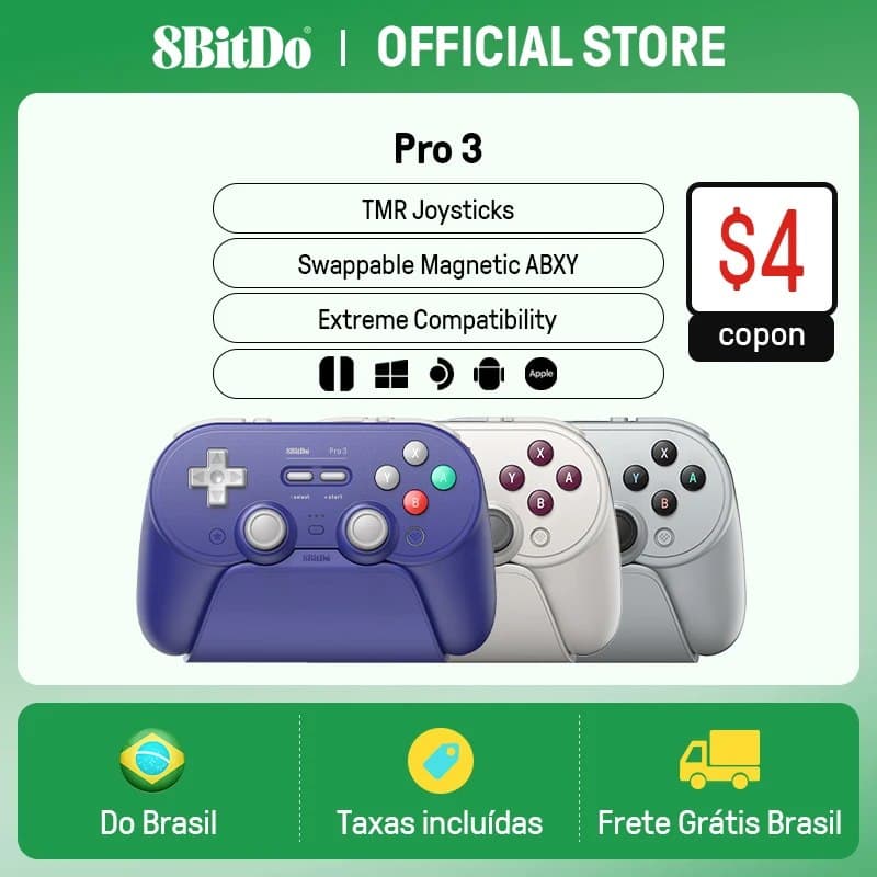 Controle Gamer 8BitDo Pro 3 Retrô, para Switch 1/2 Windows, Apple, Joysticks TMR, Retro