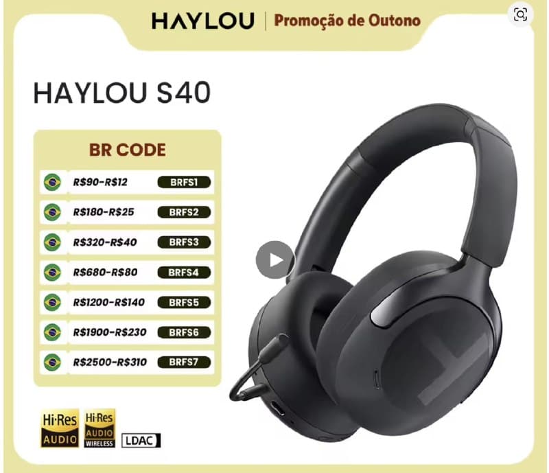 Headphone HAYLOU S40 ANC com Cancelamento de Ruído de 50dB, Áudio Espacial 3D Bluetooth 6.0