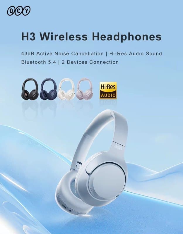 Headphone Sem Fio QCY H3 ANC Hi-Res Audio Bluetooth 5.4 Over Ear com Cancelamento Ativo de Ruído Híbrido de 43dB e 60 Horas de Duração