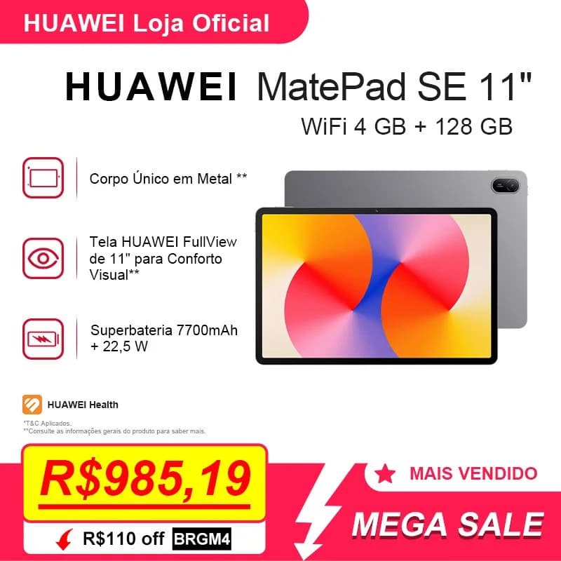 Tablet HUAWEI MatePad SE 11" 128/4 | Tablet | Design Corpo Único Metal | 7700 mAh + Superbateria de 22,5 W