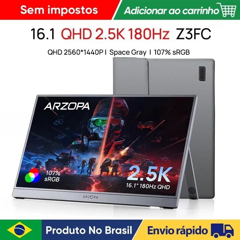 Monitor Portátil QHD Arzopa Z3FC 16,1 polegadas 2,5 K 180 Hz 2560x1440 16:9 107% sRGB 400cd/m2 Z3 FC QUAD HD 2k