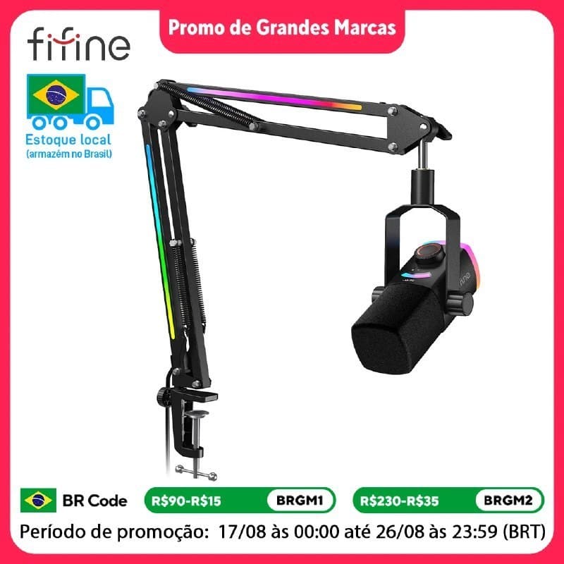 FIFINE AM8 PROT Kit de Microfone para Jogos com Braço RGB e Armadura, Conjunto de Microfone Dinâmico XLR/USB com Função de Silenciar ao Pressionar, Controle de Mistura - AM8PROT