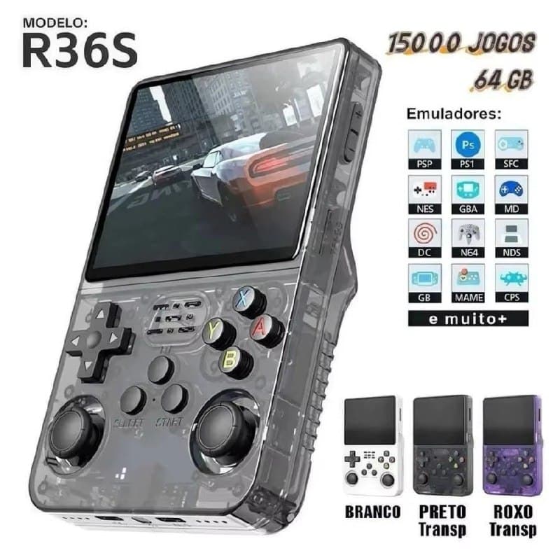 Console Portátil Retrô R36S Tela 3,5 IPS polegadas, 21+ emuladores, 64GB 15000 jogos
