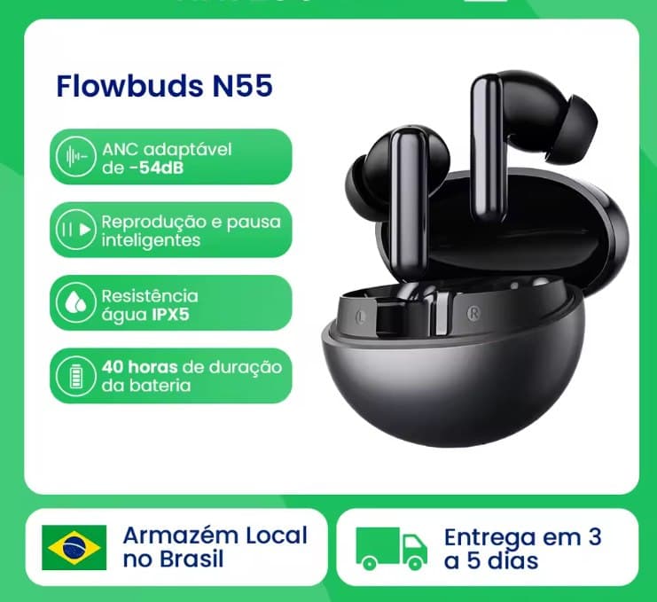 Fones de Ouvido Bluetooth 6.0 HT01 HAYLOU Flowbuds N55 com ANC Adaptativo Híbrido de 54dB
