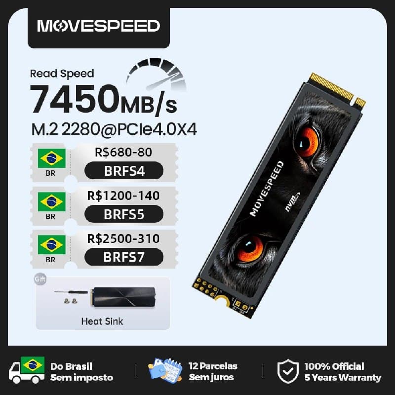 1TB Movespeed 7450 MB/s ssd nvme m.2 2280 1tb m2 pcie 4.0x4 2280 PS5 e PC
