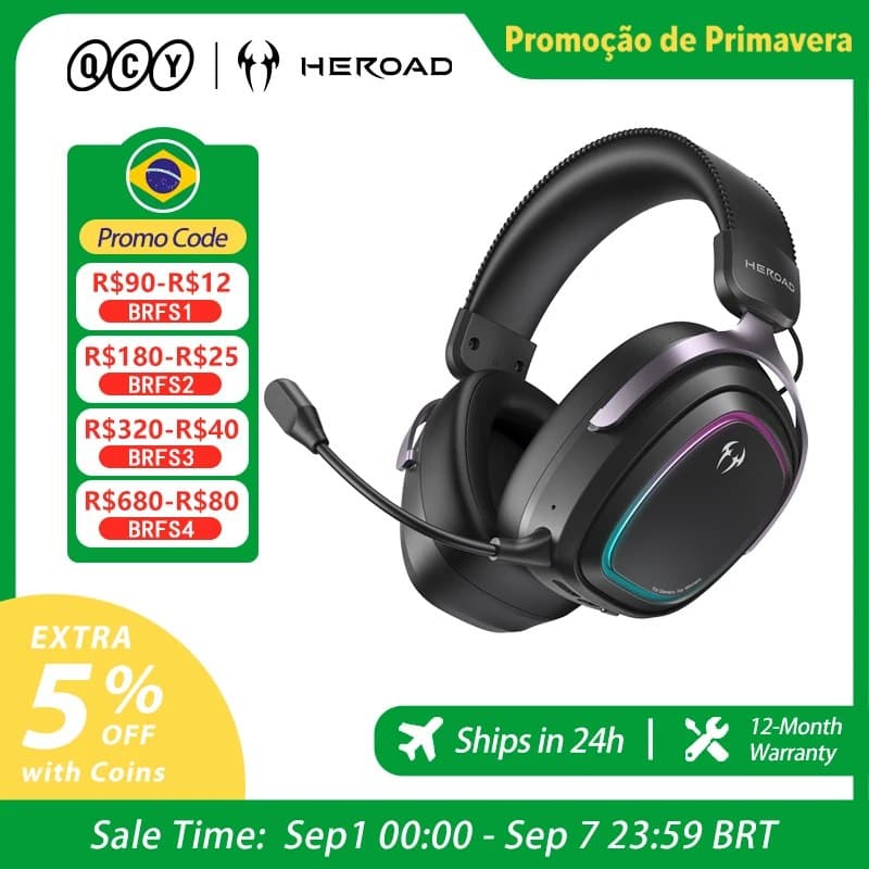 Fone QCY Headset Gamer BH26H5GMA Heroad GT2 THX Spatial Audio+ 7.1.4 RGB Tri-Mode 3 Microfones com ENC para PC PS4 PS5