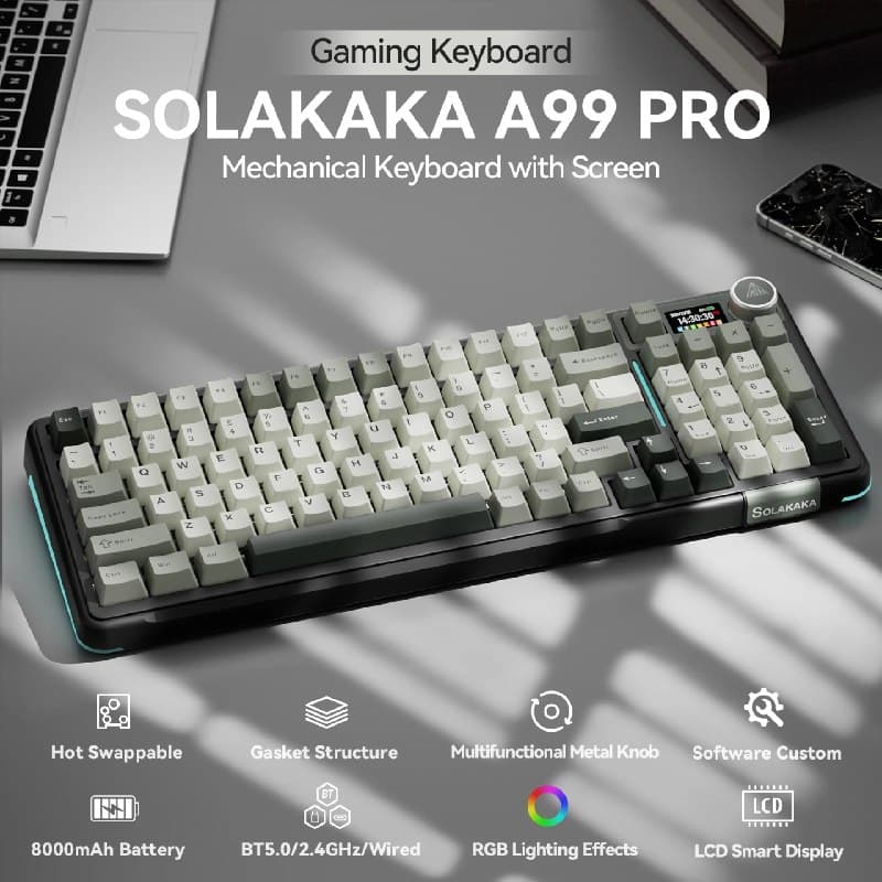 Teclado Mecânico Sem Fio SOLAKAKA A99pro com 97 Teclas, Teclas Hot Swappable e Tela TFT a99 pRO