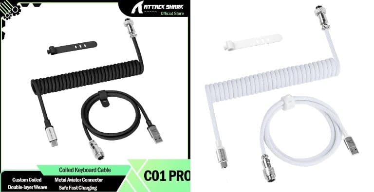 Cabo USB C enrolado ATTACK SHARK C01 PRO para teclado gamer, cabo de carregamento trançado personalizado com dupla cobertura para teclado mecânico