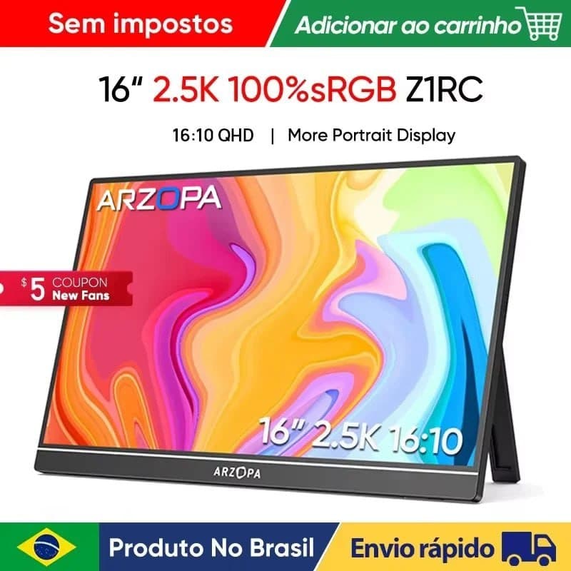 Monitor Portátil ARZOPA Z1RC QHD 16" 2K 16:10 Tela IPS
