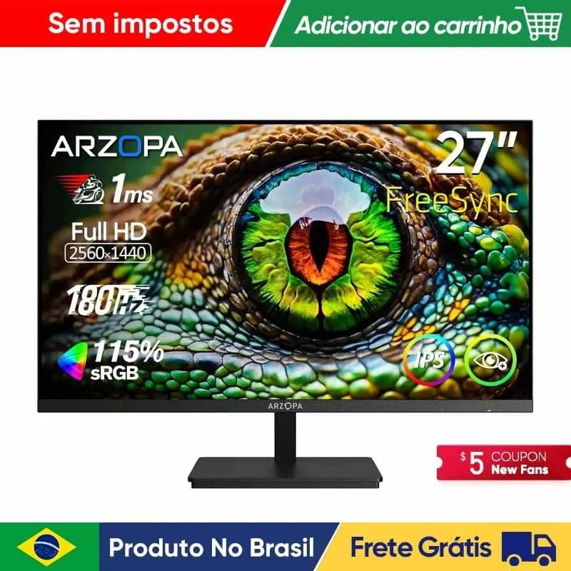 Monitor Arzopa Gamer 27" QHD Fast IPS 180Hz 1Ms HDMI DP