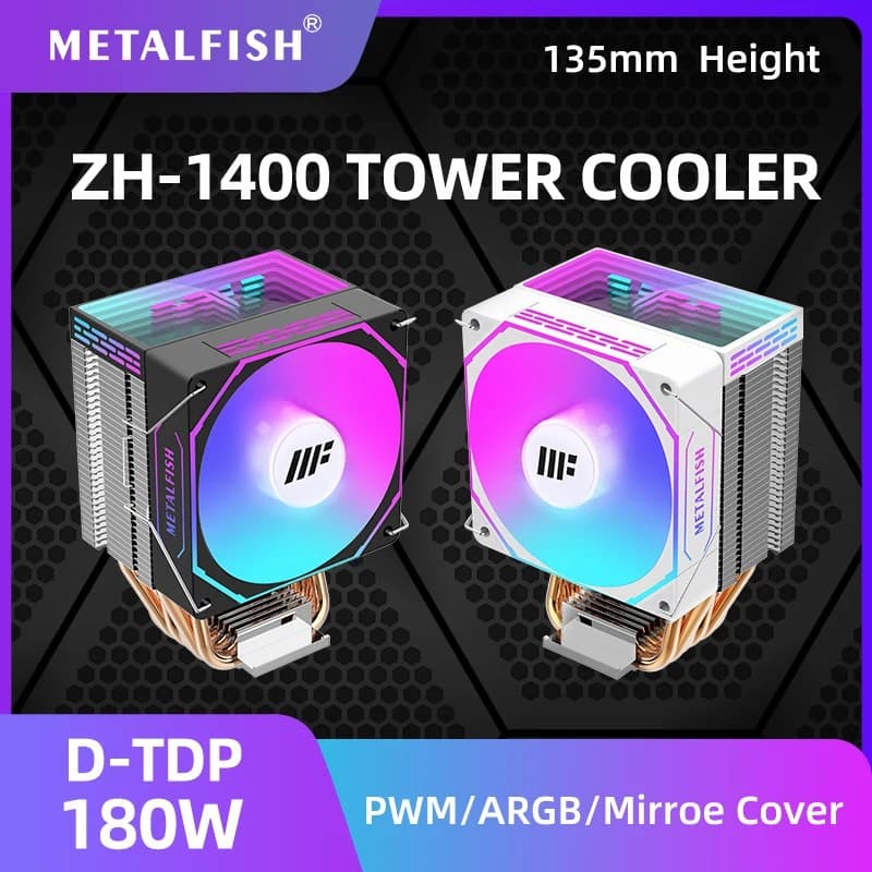 METALFISH ZH1400 CPU Cooler 4 HeatPipes 4PIN PWM Ventilador ARGB silencioso para Intel 1700 1200 115X 1366 2011 AM5 AM4 AM3 x99 x79