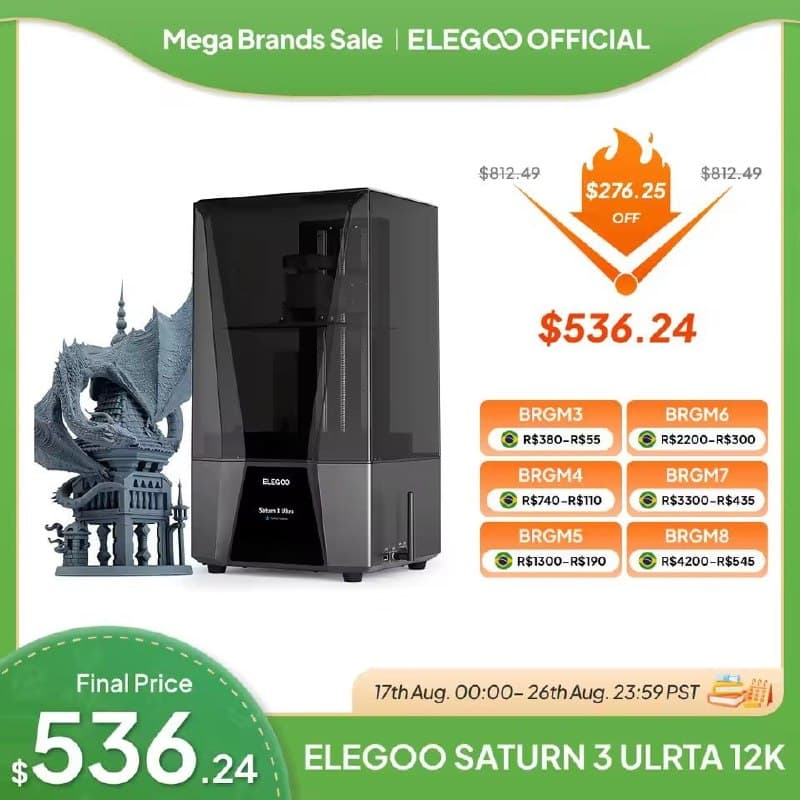 ELEGOO Saturn 3 Ultra – Impressora 3D de Resina MSLA 12K | LCD Mono 10", até 150 mm/h e Área 219 × 123 × 260 mm