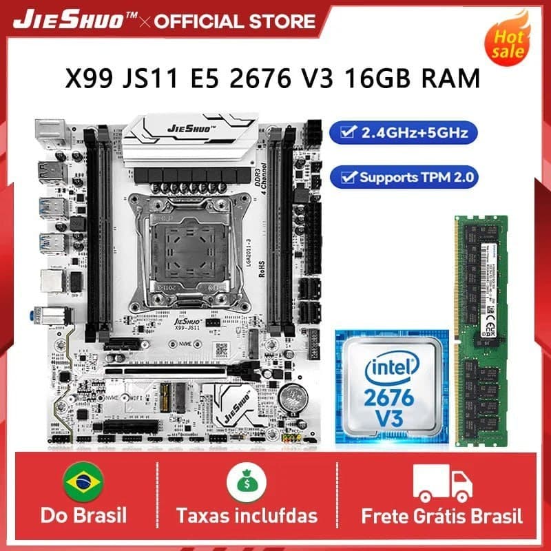 Kit X99 Jieshuo JS11 ARGB + Xeon E5 2676 V3 + 16GB DDR3, Chipset C612, Quad Channel, Vrm 8 fases, Tpm 2.0 e Secure Boot