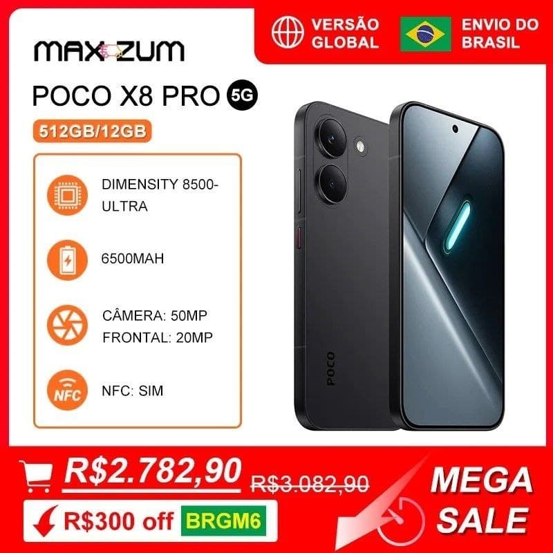 Poco X8 PRO 5G, 512GB/12GB, MediaTek Dimensity 8500-Ultra, Bateria de 6500mAh, Câmera de 50MP, Versão Global