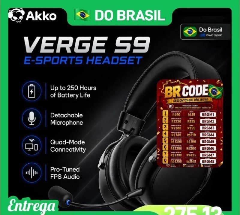 Headset AKKO VERGE S9 Ultra com Microfone, Som Surround Virtual 7.1, Modo Quádruplo, Acessórios para Jogos de PC e E-sports Fone de Ouvido