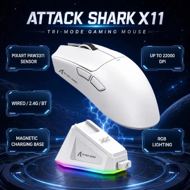 Attack Shark x11 Com Dock Mouse Sem Fio 22000 Dpi Bluetooth Usb PAW3311