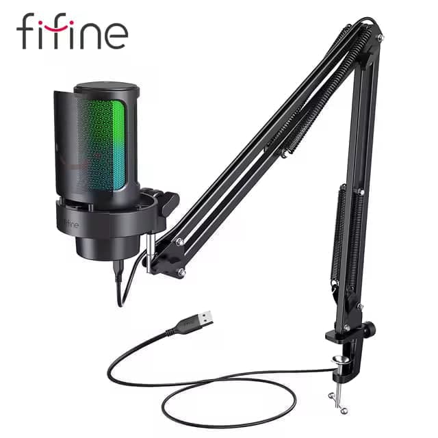 Microfone Condensador Gamer Fifine, RGB, Cardióide, USB Tipo-C, Preto - A8T