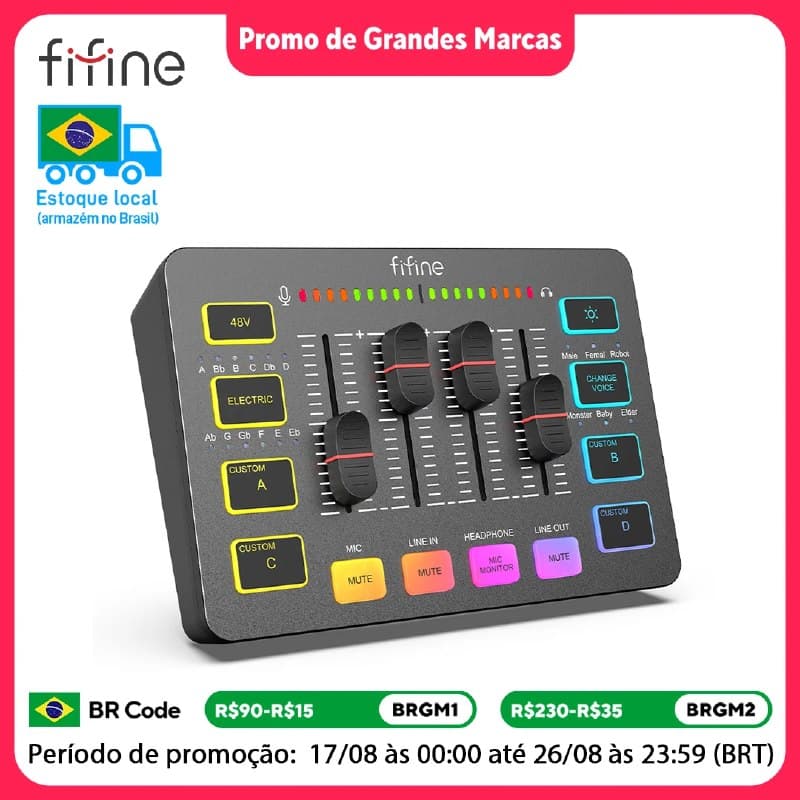 SC3 Mixer de jogos USB FIFINE com interface de microfone XLR, 48V Phantom Power, RGB, placa de som para podcasting streaming AmpliGame SC 3