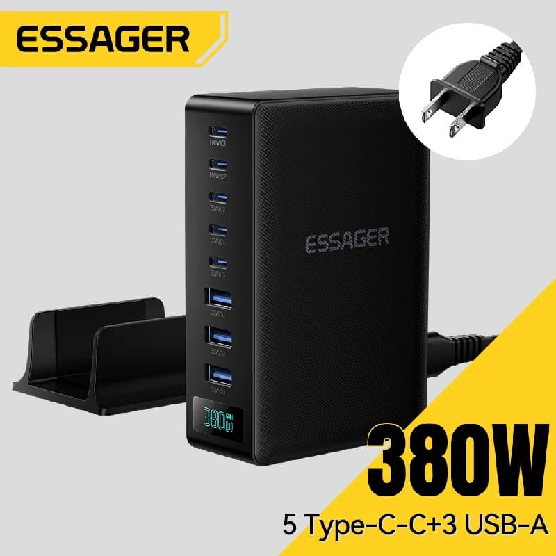 Carregador Essager 380W GaN de Carregamento Rápido, Suporte de Carregamento 8-em-1 para Desktop e Laptop, Compatível com iPhone 17/16/15 Pro Max, MacBook Air, Xiaomi 202192403