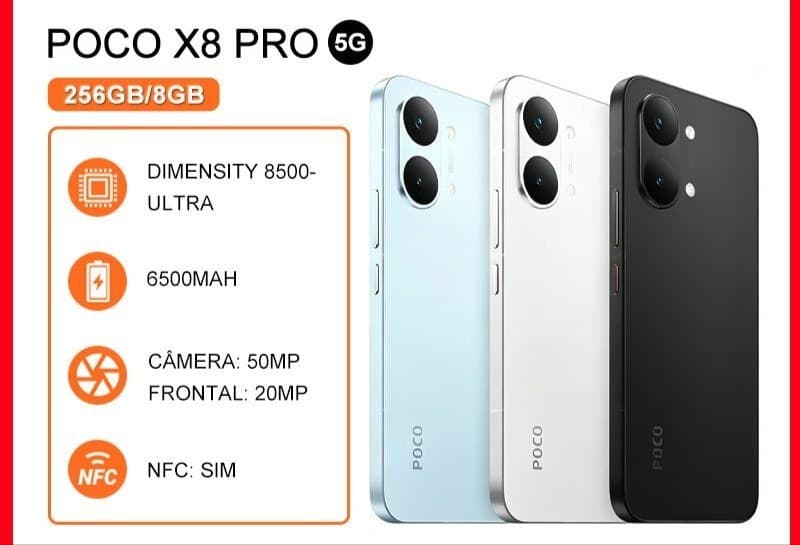 Smartphone Poco x8 PRO 5G, 256/8GB, Smartphones e Celulares MediaTek Dimensity 8500-Ultra, Bateria 6500mAh, Versão Global, Câmera 50MP