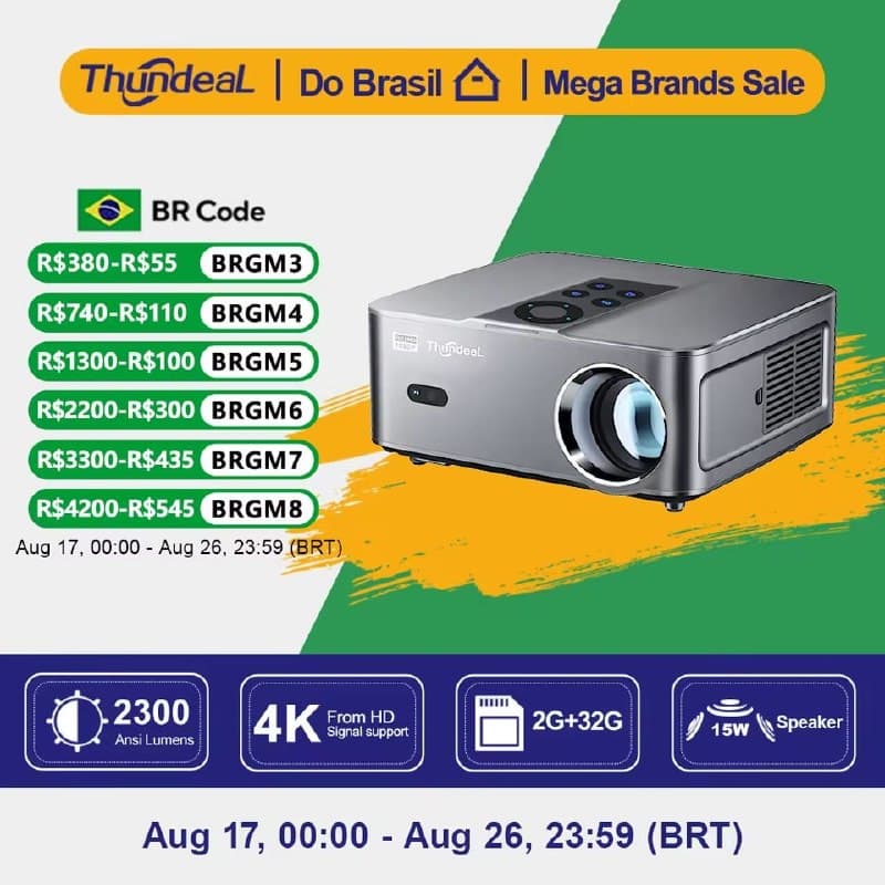 Projetor ThundeaL TD98W Full HD 1080P Nativo 4K HDR Android 2GB+32GB 2300 ANSI Lumens WiFi Dual Bluetooth Auto Foco Keystone 3D Home Theater