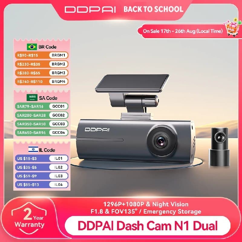 CAMERA VEICULAR DDPAI DASH CAM N1 GRAVAÇÃO FRONTAL, TRASEIRA DUPLA,NightVIS 1296P CONTROLE POR APP