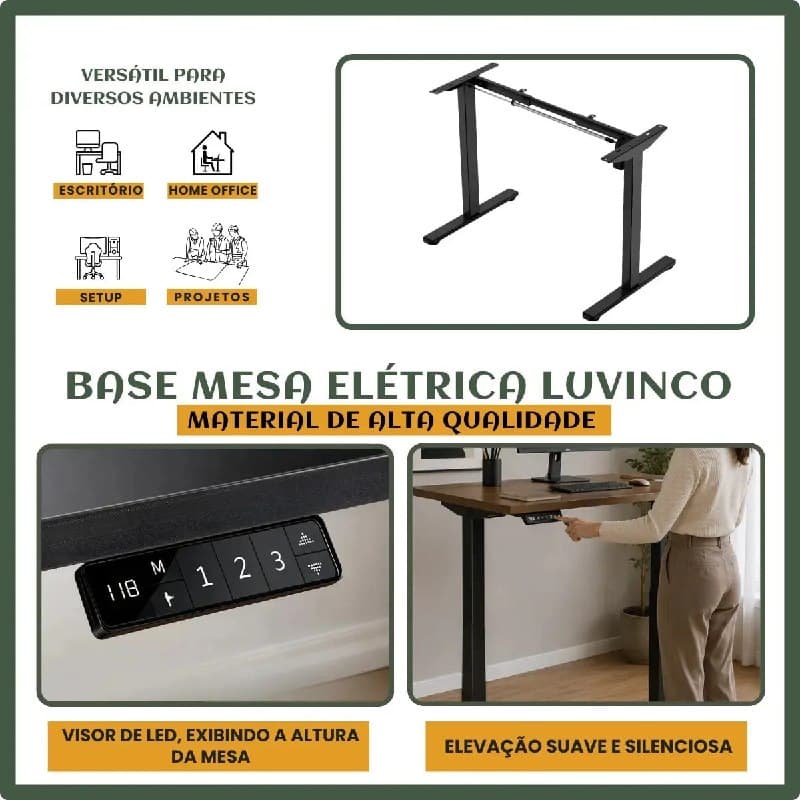 Estrutura De Mesa Elétrica Ergonômica Ajustável C/ Regulagem Altura Estável Escritório Cor Preta LuvinCo