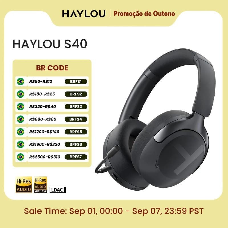 Haylou S40 ANC Fone Bluetooth com Cancelamento de Ruído 50dB