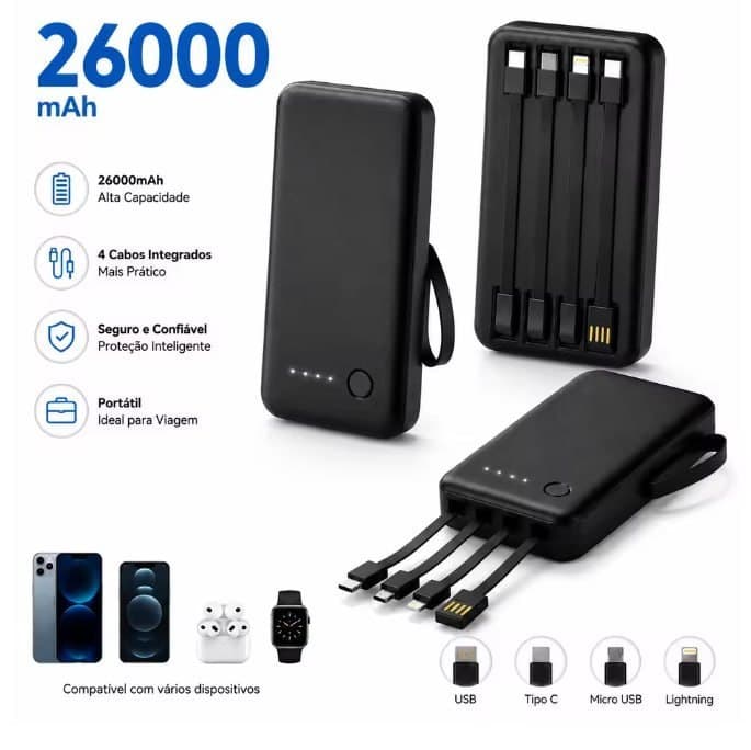 Power Bank 12000/26000mAh Portátil Carregamento Rápido Com 4 Cabos Usb Integrados