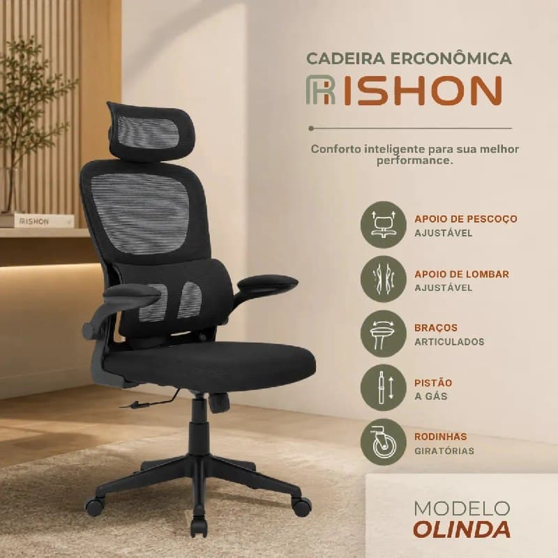 Cadeira Escritório Ergonômica Giratoria Reclinavel Olinda RSH500 Rishon Cor Preto Com Suporte Lombar Estofado Mesh
