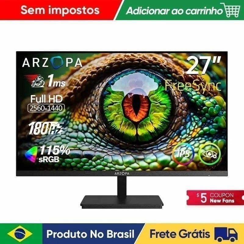 Monitor Arzopa Gamer 27" QHD Fast IPS 180Hz 1Ms HDMI DP🇧🇷🇧🇷