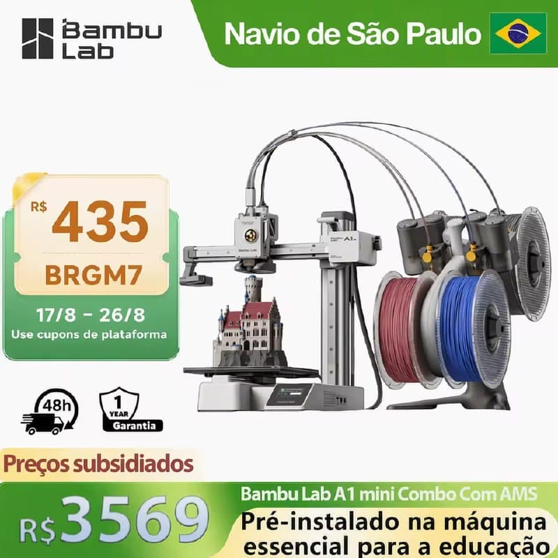Impressora 3D Bambu Lab A1 Mini Combo com AMS Lite, Impressão em até 4 Cores, 500 mm/s, Calibração Automática e Área 180×180×180 mm