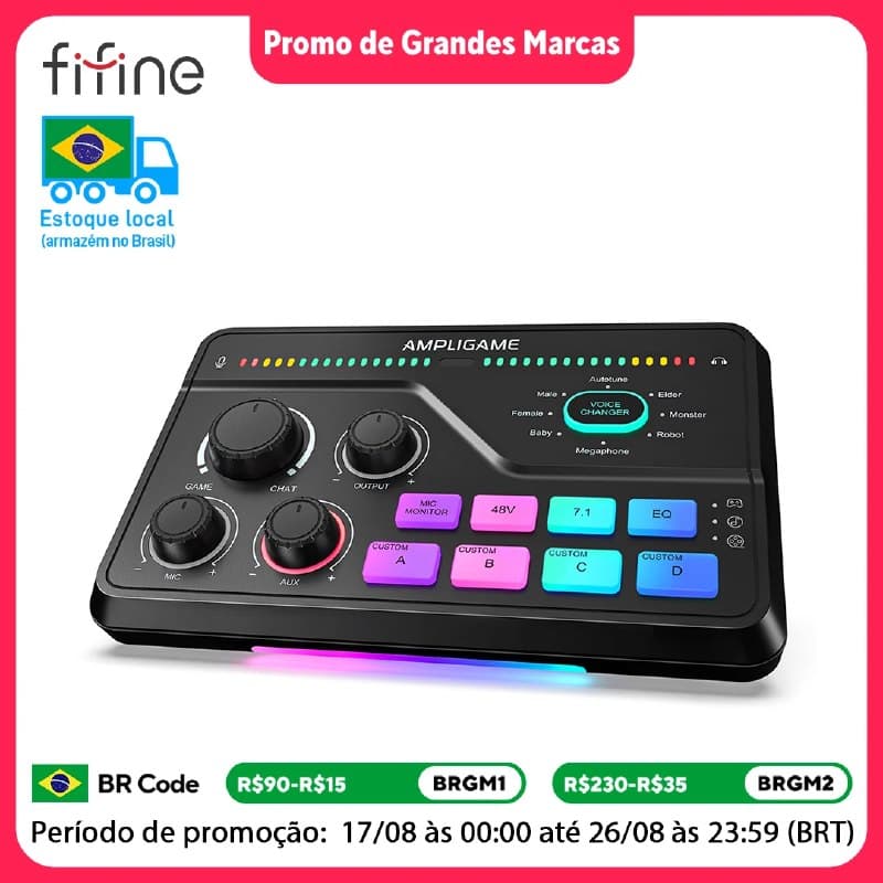 EQSC8 FIFINE Mixer de jogos com RGB para chat de voz / streaming / podcast, Mixer de áudio USB com pré-amplificador de microfone XLR, mudador de voz, 3 modos de EQ-SC8