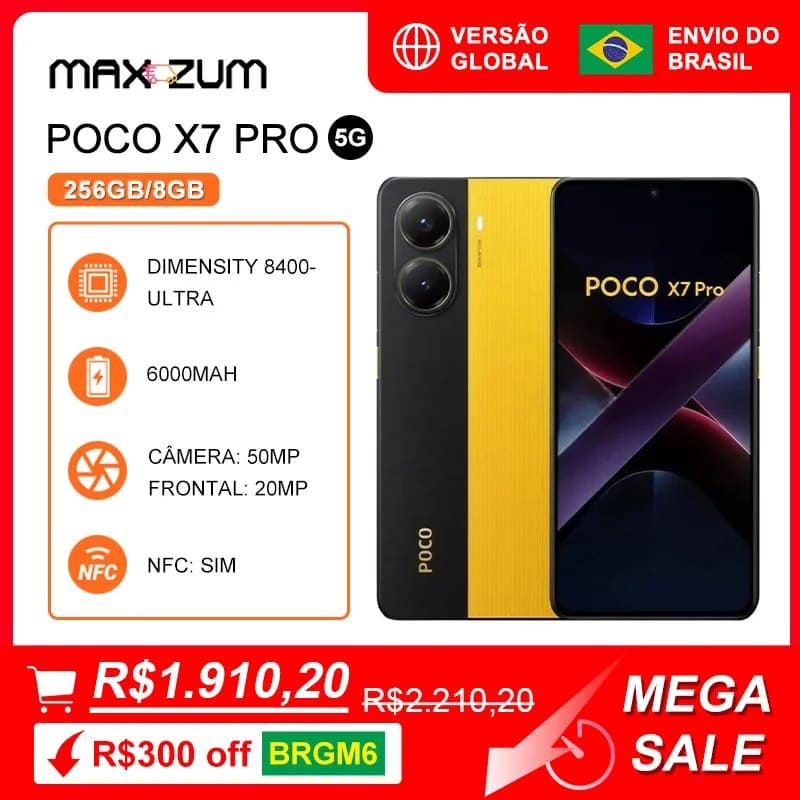 Smartphone Poco x7 PRO 5G 256GB e 8GB RAM, Telefone com Processador Dimensity 8400-Ultra, Câmera de 50MP, Bateria de 6000mAh